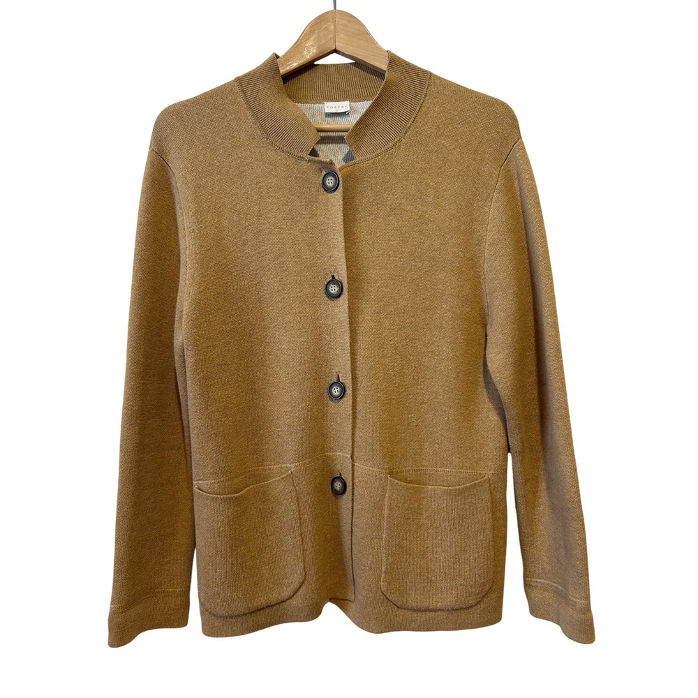 Poetry Cardigan Sz 4 Camel Organic Cotton Button Patch Pocket Preppy Minimalist